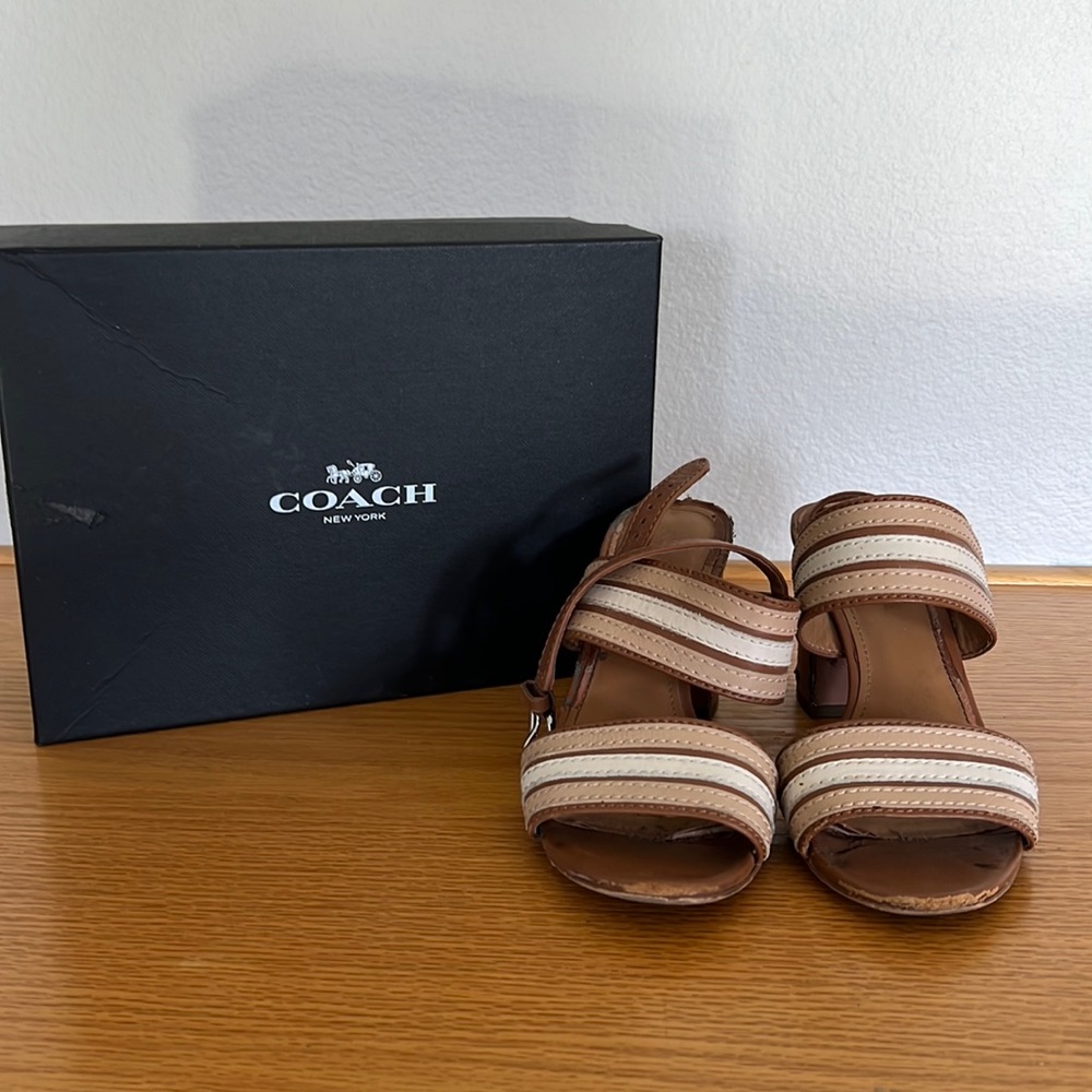 Coach Princeton Leather Strappy Slingback Sandal Tan Brown Stripe Block Heel
